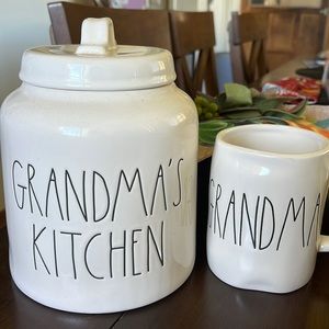 Rae Dunn grandmas kitchen cookie jar and matching coffee cup